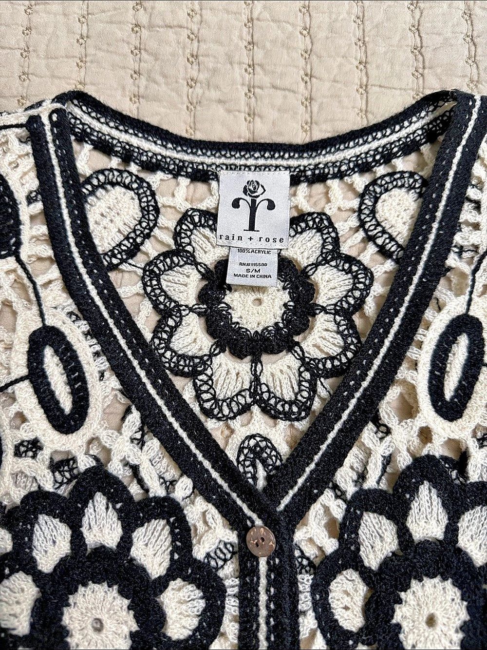 Rain & Rose Black & White Boho Floral Crochet Cardigan – Size Medium